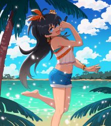 Rule 34 | 1girl, :d, ahoge, animal, animal on head, arm up, bare arms, bare legs, bare shoulders, barefoot, bay, black hair, blue eyes, blue sky, bracelet, cloud, day, denim, denim shorts, earrings, fang, ganaha hibiki, hair ribbon, hamster, hamuzou, holding, holding microphone, hoop earrings, idolmaster, idolmaster (classic), imjayu, jewelry, leaf, leg up, light particles, long hair, looking at viewer, looking to the side, microphone, music, navel, ocean, on head, open mouth, orange ribbon, palm tree, ribbon, shiny skin, shore, short shorts, shorts, singing, sky, sleeveless, smile, standing, standing on one leg, tree, very long hair, water