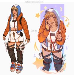 Rule 34 | 1girl, absurdres, adapted costume, apex legends, blouse, boots, cable, character name, commentary, crop top, earbuds, earphones, highres, jacket, leaning forward, looking at viewer, orange jacket, parted lips, shirt, short hair, shorts, smile, star (symbol), symbol-only commentary, thigh strap, tube socks, vesper (v17-20), wattson (apex legends), white shirt, white shorts