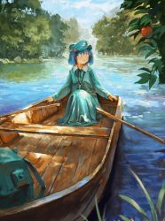 Rule 34 | 1girl, :o, apple, backpack, bag, blue eyes, blue hair, blue hat, blue shirt, blue skirt, blue sky, branch, cloud, day, fjsmu, flat cap, food, forest, fruit, hair bobbles, hair ornament, hat, highres, kawashiro nitori, key, knees up, long sleeves, looking to the side, nature, oar, open mouth, outdoors, river, rowboat, shirt, short hair, sitting, skirt, sky, solo, touhou, two side up, unworn backpack, unworn bag