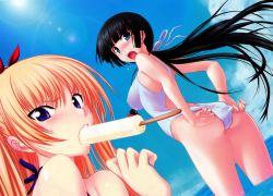 Rule 34 | 2girls, absurdres, adjusting clothes, adjusting swimsuit, ass, black hair, blonde hair, blue eyes, blue sky, breasts, casual one-piece swimsuit, christiane friedrich, cloud, day, dutch angle, food, highres, huge filesize, kawagishi keitarou, large breasts, long hair, looking at viewer, looking back, low ponytail, maji de watashi ni koi shinasai!, mayuzumi yukie, mouth hold, multiple girls, one-piece swimsuit, outdoors, popsicle, purple eyes, scan, sky, swimsuit, very long hair, wading, water
