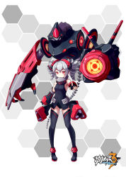 Rule 34 | 1girl, absurdres, black footwear, black legwear, breasts, bronya zaychik, bronya zaychik (black nucleus), copyright name, drill hair, fingerless gloves, full body, gloves, halsou, hexagon, highres, honkai (series), honkai impact 3rd, mecha, pointing, pointing at viewer, red eyes, robot, silver hair, small breasts, solo, standing, twin drills