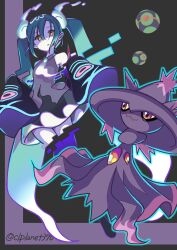 Rule 34 | 1girl, aira (exp), aqua hair, bare shoulders, black thighhighs, creatures (company), detached sleeves, dusk ball, floating, game freak, gen 4 pokemon, ghost, ghost miku (project voltage), glitch, gradient hair, grey shirt, hair between eyes, hatsune miku, highres, long hair, mismagius, multicolored hair, necktie, nintendo, pale skin, poke ball, pokemon, pokemon (creature), project voltage, see-through, see-through skirt, shirt, skirt, sleeves past fingers, sleeves past wrists, thighhighs, twintails, very long hair, vocaloid, will-o&#039;-the-wisp (mythology), yellow eyes