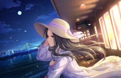 Rule 34 | 1girl, black hair, boat, bridge, building, cityscape, cloud, forehead, game cg, hat, idolmaster, idolmaster cinderella girls, idolmaster cinderella girls starlight stage, moon, official art, orange eyes, shiori sena, solo, stairs, water, watercraft