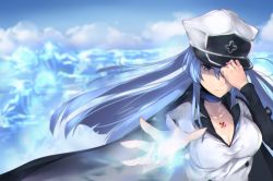 Rule 34 | 10s, 1girl, absurdres, adjusting clothes, adjusting headwear, akame ga kill!, bad id, bad pixiv id, blue eyes, blue hair, breasts, choker, cleavage, esdeath, hat, highres, hplay, ice, large breasts, long hair, looking at viewer, matching hair/eyes, military, military uniform, peaked cap, solo, tattoo, uniform
