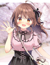 Rule 34 | 1girl, :d, ahoge, bag, black bow, black skirt, blurry, blurry background, blush, bow, breasts, brown eyes, brown hair, commentary request, depth of field, earrings, frilled skirt, frills, hair between eyes, hair bow, hair ornament, hand up, heart, heart earrings, heart hair ornament, jewelry, long hair, looking at viewer, medium breasts, one side up, open mouth, original, pan (mimi), pink shirt, polka dot, puffy short sleeves, puffy sleeves, shirt, short sleeves, shoulder bag, skirt, smile, solo