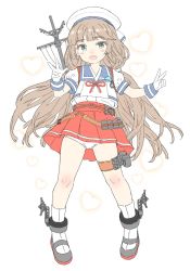 Rule 34 | 1girl, bad id, bad twitter id, beret, blue eyes, blush, depth charge, dolphin, full body, gloves, hat, heart, highres, kantai collection, light brown hair, long hair, low twintails, mikura (kancolle), open mouth, panties, pleated skirt, puffy short sleeves, puffy sleeves, red skirt, ribbon, rigging, sailor collar, school uniform, serafuku, shiosoda, short sleeves, skirt, solo, thigh strap, twintails, underwear, white background, white gloves, white hat, white panties