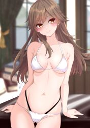 Rule 34 | 1girl, absurdres, alternate costume, arashio (kancolle), arm support, bikini, blurry, blurry background, breasts, breasts apart, brown eyes, brown hair, closed mouth, gluteal fold, halterneck, hands on table, head tilt, highres, indoors, kantai collection, long hair, looking at viewer, medium breasts, multi-strapped bikini bottom, navel, nitamako (sakamalh), shaded face, smile, solo, swimsuit, white bikini