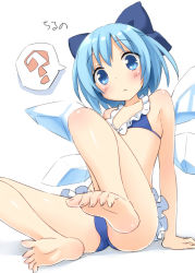 Rule 34 | 1girl, :&lt;, ?, alternate costume, arm support, barefoot, bikini, blue bikini, blue eyes, blue hair, blush, bow, cirno, feet, female focus, flat chest, hair bow, ice, ice wings, kani biimu, looking at viewer, matching hair/eyes, sketch, soles, solo, swimsuit, toes, touhou, wide-eyed, wings