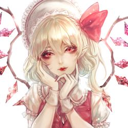 Rule 34 | 1girl, alternate headwear, blonde hair, bonnet, closed mouth, commentary request, crystal, eyelashes, finger to cheek, flandre scarlet, frilled headband, frilled shirt collar, frills, glint, hair between eyes, hand in own hair, hands on own face, head tilt, high collar, highres, kyogoku-uru, lace-trimmed headwear, lace trim, lipstick, long hair, looking at viewer, makeup, medium hair, nail polish, neck ribbon, nose, one side up, pointy ears, puffy short sleeves, puffy sleeves, realistic, red eyes, red lips, red nails, red ribbon, red vest, ribbon, shirt, short sleeves, solo, sparkle, sparks, touhou, upper body, very long hair, vest, white shirt, wings, wrist cuffs