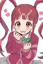 Rule 34 | 1girl, blunt bangs, blush, blush stickers, cardigan, drooling, heart, heart-shaped pupils, highres, idolmaster, idolmaster million live!, matsuda arisa, mouth drool, red cardigan, red hair, school uniform, simple background, solo, sukoyaka (100hituzi), symbol-shaped pupils, twintails, upper body, wavy mouth, white background, yellow eyes
