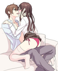 Rule 34 | 1boy, 1girl, ass, black skirt, blush, brown hair, clothes lift, couch, couple, earrings, eye contact, grey pants, hair between eyes, hetero, indoors, jewelry, kiss, long hair, long sleeves, looking at another, on couch, open clothes, open shirt, original, panties, pants, red panties, shirt, short hair, side-tie panties, sitting, sketch, skirt, skirt lift, thighhighs, tongue, tongue out, underwear, white background, white shirt, yuka (mischief)