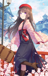 Rule 34 | 1girl, beret, black hakama, blue sky, blush, boots, brown footwear, brown hair, building, closed mouth, cloud, cloudy sky, commentary, cross-laced footwear, day, hakama, hakama skirt, hat, high heel boots, high heels, holding, ipass (yi ka tong), japanese clothes, kimono, knee boots, lace-up boots, lamppost, long hair, long sleeves, outdoors, petals, pink kimono, purple eyes, railing, red hat, rio.lw, skirt, sky, smile, solo, standing, standing on one leg, suitcase, wide sleeves, xiao pa, yagasuri