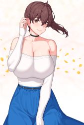 Rule 34 | 1girl, bare shoulders, belt, black belt, black choker, blue dress, breasts, brown eyes, brown hair, choker, cleavage, closed mouth, cowboy shot, detached sleeves, dress, franham, hair between eyes, tucking hair, hand on own ear, highres, huge breasts, kaga (kancolle), kantai collection, long hair, long sleeves, looking at viewer, petals, shirt, side ponytail, sleeves past wrists, smile, solo, strapless, tsurime, tube top, white shirt, white sleeves, wind