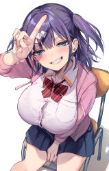 Rule 34 | 1girl, blue eyes, blue skirt, blush, bow, bowtie, breasts, button gap, calm mashiro, chair, collared shirt, commentary request, copyright request, fingernails, hair ornament, index finger raised, large breasts, looking at viewer, on chair, pleated skirt, purple hair, red bow, red bowtie, shirt, short hair, signature, simple background, sitting, skirt, smile, solo, thighs, two side up, white background, white shirt