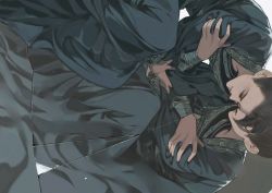 Rule 34 | 2boys, black hair, burusiji, character request, chinese clothes, closed eyes, closed mouth, comforting, covered eyes, crack, cracked glass, facing down, hands on own arms, hanfu, highres, long sleeves, male focus, multiple boys, qing yunian, robe, self hug, sideways, sitting, updo