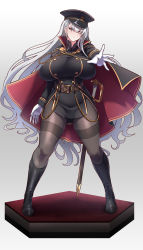 Rule 34 | 1girl, absurdres, belt, black pantyhose, boots, breasts, cape, gloves, hat, highres, huge breasts, jacket, knee boots, konoshige (ryuun), long hair, looking at viewer, military, military hat, military jacket, military officer (konoshige), military uniform, narrow waist, original, pantyhose, red eyes, riding boots, sheath, silver hair, simple background, solo, sword, thick thighs, thighband pantyhose, thighs, uniform, very long hair, weapon, white background, wide hips