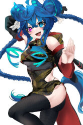 Rule 34 | 1girl, absurdres, ahoge, alternate hairstyle, animal ears, aqua hair, arm up, black dress, black panties, black sleeves, black thighhighs, blue dress, blue eyes, braid, china dress, chinese clothes, clothing cutout, commentary, crossed bangs, detached sleeves, double bun, dragon print, dress, fighting stance, hair bun, hair ribbon, heterochromia, highres, horse ears, horse girl, horse tail, kung fu, long hair, multicolored hair, open mouth, panties, pelvic curtain, print dress, purple eyes, ribbon, side cutout, sidelocks, simple background, smile, solo, standing, standing on one leg, tail, textless version, thighhighs, toa510, twin braids, twin turbo (umamusume), two-tone hair, umamusume, underwear, very long hair, white background, white ribbon