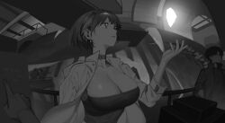 Rule 34 | 1girl, absurdres, breasts, choker, cleavage, closed mouth, coat, earrings, highres, izsly, jewelry, large breasts, looking to the side, monochrome, original, perspective, pointing, railing, short hair, solo focus, strapless, tube top