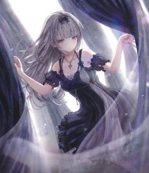 Rule 34 | 1girl, armpit peek, backlighting, bare shoulders, black bow, bow, bra, breasts, closed mouth, collarbone, cowboy shot, curtains, dress, dust, dust cloud, dutch angle, gothic lolita, grey hair, hair bow, highres, jewelry, light blush, lolita fashion, long hair, looking at viewer, missile228, necklace, original, outstretched arms, purple eyes, seductive smile, small breasts, smile, solo, standing, underwear