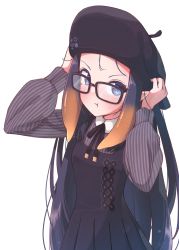 Rule 34 | 1girl, :t, arms up, beret, black-framed eyewear, black dress, black hair, black hat, black ribbon, blue eyes, blush, brown hair, closed mouth, collared shirt, commentary, dress, forehead, glasses, gradient hair, hands on headwear, hat, highres, hololive, hololive english, kiirokuma, long hair, long sleeves, looking at viewer, multicolored hair, neck ribbon, ninomae ina&#039;nis, ninomae ina&#039;nis (casual), official alternate costume, pleated dress, pout, puffy long sleeves, puffy sleeves, ribbon, shirt, simple background, sleeveless, sleeveless dress, solo, striped clothes, striped shirt, vertical-striped clothes, vertical-striped shirt, very long hair, virtual youtuber, white background
