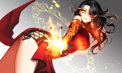 Rule 34 | 1girl, apt, bare shoulders, black hair, breasts, choker, cinder fall, dress, female focus, fingernails, glowing, glowing eyes, hair over one eye, highres, large breasts, long fingernails, long hair, looking at viewer, magic circle, nail polish, red dress, red nails, rwby, side slit, solo, thighs, yellow eyes