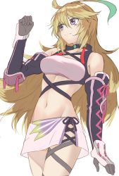 Rule 34 | 1girl, bandeau, black ribbon, black sleeves, blonde hair, breasts, closed mouth, collarbone, criss-cross halter, detached sleeves, floating hair, gloves, grey gloves, groin, hair between eyes, halterneck, highres, long hair, long sleeves, medium breasts, midriff, milla maxwell, miniskirt, navel, pink ribbon, purple eyes, ribbon, rourou ill, side slit, simple background, skirt, solo, standing, stomach, tales of (series), tales of xillia, very long hair, white background, white skirt