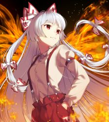 Rule 34 | 1girl, bow, breasts, buttons, closed mouth, commentary, cowboy shot, dutch angle, fiery background, fiery wings, fire, fujiwara no mokou, hair bow, hands in pockets, highres, jill 07km, juliet sleeves, long hair, long sleeves, looking to the side, navel, pants, phoenix wings, puffy sleeves, red eyes, red pants, shirt, small breasts, smile, solo, standing, suspenders, symbol-only commentary, touhou, very long hair, white hair, white shirt, wings