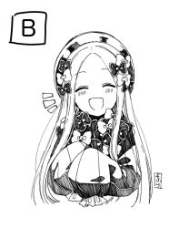Rule 34 | 1girl, :d, ^ ^, abigail williams (fate), blush, bow, breasts, closed eyes, cropped torso, dress, facing viewer, fate/grand order, fate (series), forehead, greyscale, hair bow, head tilt, long hair, monochrome, notice lines, open mouth, parted bangs, simple background, sleeves past fingers, sleeves past wrists, smile, sofra, solo, very long hair, white background