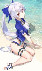 Rule 34 | 1girl, arm support, beach, blue bow, blue jacket, bow, breasts, closed mouth, competition swimsuit, cropped jacket, fate/grand order, fate (series), full body, hair between eyes, highleg, highleg swimsuit, highres, jacket, long hair, looking at viewer, medium breasts, multicolored clothes, multicolored swimsuit, one-piece swimsuit, open clothes, open jacket, outdoors, ponytail, red eyes, sand, shore, short sleeves, silver hair, sitting, smile, solo, swimsuit, thigh strap, thighs, tomoe gozen (fate), tomoe gozen (swimsuit saber) (fate), tomoe gozen (swimsuit saber) (first ascension) (fate), two-tone swimsuit, very long hair, xkirara39x, yokozuwari