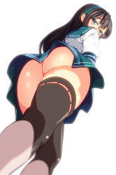 Rule 34 | 10s, 1girl, 846-gou, ahoge, ass, bad id, bad pixiv id, black hair, blue eyes, blush, curvy, from behind, from below, glasses, green skirt, hairband, highres, huge ass, kantai collection, long hair, looking at viewer, looking back, looking down, no panties, ooyodo (kancolle), pleated skirt, puffy sleeves, rimless eyewear, sailor collar, school uniform, serafuku, shirt, simple background, skirt, solo, tareme, thighhighs, thighs, upskirt, walking, white background, white shirt, wide hips
