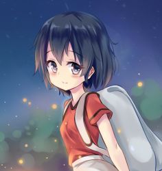 Rule 34 | 10s, 1girl, backpack, bag, black hair, blurry, blush, breasts, commentary request, depth of field, from side, grey eyes, kaban (kemono friends), kemono friends, looking at viewer, looking to the side, milkshakework, red shirt, sad smile, shirt, short hair, short sleeves, small breasts, smile, solo, spoilers