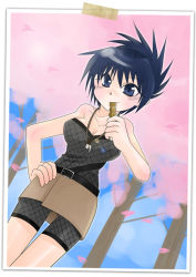 Rule 34 | 1girl, bare shoulders, blue eyes, blue hair, blush, bodysuit, border, breasts, cherry blossoms, cleavage, cloud, dutch angle, fishnet bodysuit, fishnets, folded ponytail, food, forehead protector, hand on own hip, large breasts, looking at viewer, miniskirt, mitarashi anko, naruto, naruto (series), no bra, outdoors, photo (object), ponytail, short hair, skirt, sky, strapless, strapless bodysuit, tape, tree, white border