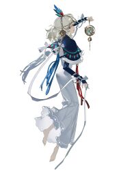 Rule 34 | 1girl, absurdres, arm up, barefoot, black eyes, blonde hair, blue capelet, blue sleeves, capelet, celestial globe, dress, feathers, from side, full body, fur-trimmed capelet, fur trim, half updo, headpiece, highres, holding, long dress, long sleeves, medium hair, original, pencil dress, plantar flexion, ribbon, simple background, smile, soles, solo, tassel, white background, white dress, white ribbon, zhizhicyzey