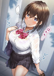 Rule 34 | ..., 1girl, @ @, bag, blue eyes, blush, bow, bowtie, bra visible through clothes, breasts, brown hair, button gap, closed mouth, collarbone, collared shirt, cowboy shot, dutch angle, hair between eyes, hand up, highres, holding, holding shoes, large breasts, long hair, loose bowtie, miniskirt, original, pleated skirt, school bag, school uniform, see-through, shiro kuma shake, shirt, shirt tucked in, shoes, sidelocks, skirt, smile, solo, speech bubble, spoken ellipsis, striped bow, striped bowtie, striped clothes, uniform, unworn shoes, wet, wet clothes, wet shirt, white shirt, wing collar