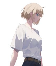 Rule 34 | absurdres, belt, blonde hair, blue eyes, cha hae-in, highres, izei1337, looking to the side, pants, shirt, short hair, solo leveling, straight hair, t-shirt, white background