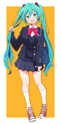 Rule 34 | 1girl, absurdres, aqua eyes, aqua hair, blazer, border, bow, bowtie, collared shirt, commentary, full body, hair between eyes, hair ornament, hand up, hatsune miku, highres, holding, holding own hair, jacket, kneehighs, long hair, long sleeves, looking at viewer, nel-c, open clothes, open jacket, open mouth, orange background, red bow, red bowtie, shirt, shoes, simple background, skirt, smile, sneakers, socks, solo, twintails, very long hair, vocaloid, white border, white shirt, white socks