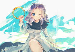 Rule 34 | 1girl, ;), blue eyes, blue sky, closed mouth, cloud, cloudy sky, commentary, dress, grey hair, highres, holding, holding hoop, hoop, kumoi ichirin, long sleeves, looking at viewer, one eye closed, outdoors, remyaruku65, short hair, sitting, sky, smile, solo, touhou, white background, white dress