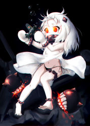 Rule 34 | 10s, 1girl, abyssal ship, ahoge, air bubble, aircraft, airplane, ankle cuffs, antenna hair, bare legs, barefoot, black background, black panties, blurry, blush, bubble, chromatic aberration, clothes lift, collar, covered mouth, depth of field, dress, dress lift, glowing, glowing eyes, highres, holding, horns, kantai collection, long hair, mittens, nail polish, navel, northern ocean princess, orange eyes, pale skin, panties, side-tie panties, skirt, skirt lift, solo, toenail polish, toenails, underwear, white dress, white hair, wind, wind lift, worst (am-worst), wrist cuffs