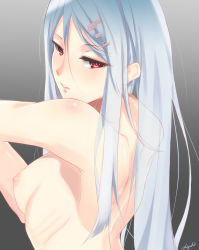 Rule 34 | 1girl, breasts, female focus, gradient background, grey background, hair ornament, highres, kisaragi chiyuki, long hair, looking at viewer, looking back, nipples, red eyes, shiny skin, signature, small breasts, solo, stretching, topless frame, upper body, white hair