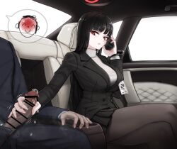 Rule 34 | 1boy, 1girl, absurdres, doodle sensei (blue archive), bar censor, black hair, black jacket, black pantyhose, black skirt, blue archive, blunt bangs, breasts, car interior, cellphone, censored, crossed legs, erection, formal, handjob, hetero, highres, holding, holding phone, jacket, large breasts, long hair, long sleeves, looking at penis, mildt, miniskirt, motion lines, office lady, pantyhose, parted lips, penis, penis out, phone, pleated skirt, precum, red eyes, rio (blue archive), sensei (blue archive), sitting, skirt, smartphone, solo focus, steaming body, suit, sweater, very long hair, white sweater