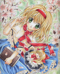 Rule 34 | 1girl, alice margatroid, bad id, bad pixiv id, blonde hair, blush stickers, book, cherry blossoms, closed eyes, female focus, frills, gradient background, green eyes, hairband, highres, long hair, nature, open mouth, plant, shanghai doll, short hair, shoukichi, smile, solo, touhou, traditional media