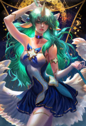Rule 34 | 1girl, alternate costume, animal ears, armlet, bare shoulders, blue dress, breasts, choker, commentary, dress, elbow gloves, english commentary, fan yang (jiuge), feathered wings, gloves, green eyes, green hair, hair ornament, highres, horns, league of legends, lips, long hair, low wings, magic circle, magical girl, medium breasts, nose, single horn, soraka (league of legends), staff, star guardian (league of legends), star guardian soraka, strapless, strapless dress, thighhighs, white gloves, white thighhighs, wings, zettai ryouiki