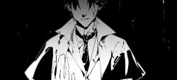 Rule 34 | 0000-111-0100-0, 1boy, black background, chinese commentary, coat, commentary request, dark, facing viewer, highres, jacket, klein moretti, lord of the mysteries, male focus, monochrome, necktie, parted lips, rain, shirt, short hair, simple background, solo, wet, wet clothes, wet hair