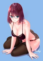 Rule 34 | 1girl, arm support, artist name, bad id, bad pixiv id, black-framed eyewear, black bra, black thighhighs, blue background, blue eyes, bra, breasts, cleavage, collarbone, glasses, highres, lace, lace-trimmed legwear, lace trim, large breasts, lingerie, looking at viewer, original, purple hair, see-through, short hair, sitting, smile, solo, swept bangs, thighhighs, thighs, underwear, underwear only, yokozuwari, yuckey