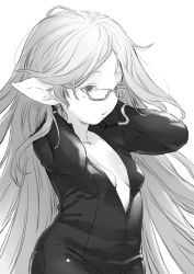 Rule 34 | 1girl, bad id, bad twitter id, breasts, cleavage, glasses, granblue fantasy, greyscale, hands on own neck, harvin, harvin, highres, long hair, monochrome, no nose, parted lips, pointy ears, simple background, sketch, small breasts, solo, tori udon, very long hair, zahlhamelina