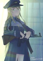 Rule 34 | 1girl, absurdres, assault rifle, blonde hair, blue hat, closed mouth, commission, curtains, girls&#039; frontline, green eyes, gun, hat, highres, holding, holding gun, holding weapon, karasumi (sumizono), long hair, long sleeves, looking at viewer, military, military uniform, peaked cap, rifle, sidelocks, skeb commission, skirt, solo, stg44, stg44 (girls&#039; frontline), uniform, weapon