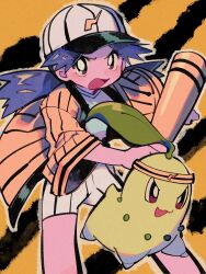 Rule 34 | 1girl, baseball cap, bright pupils, brown eyes, casey (pokemon), chikorita, commentary request, creatures (company), game freak, gen 2 pokemon, hat, headband, highres, holding, jacket, long hair, looking at viewer, nintendo, ok ko19, open clothes, open jacket, open mouth, pokemon, pokemon (anime), pokemon (classic anime), pokemon (creature), purple hair, shirt, shorts, spiked hair, tongue, twintails, white headwear, white pupils, white shirt, white shorts, yellow jacket