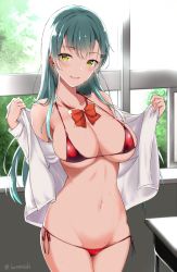 Rule 34 | 1girl, aqua hair, bikini, blush, bow, bowtie, breasts, collarbone, day, desk, green eyes, grin, hair ornament, hairclip, highres, kantai collection, large breasts, long hair, long sleeves, looking at viewer, micro bikini, mole, mole on crotch, navel, open clothes, open mouth, open shirt, red bikini, red bow, red bowtie, school desk, shirt, side-tie bikini bottom, skindentation, smile, solo, straight hair, suzuya (kancolle), swimsuit, takaharu, twitter username, wide hips, window