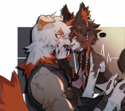 Rule 34 | 2boys, aak (arknights), aak (healing hand evil heart) (arknights), absurdres, after kiss, animal ears, arknights, bara, black shirt, blush, braid, cardiogram, check translation, crop top, ear piercing, earrings, furry, furry male, grabbing another&#039;s chin, hand on another&#039;s chin, hand on another&#039;s hip, highres, horns, hung (arknights), jewelry, looking at another, male focus, multicolored hair, multiple boys, necklace, piercing, saliva, saliva trail, shirt, single horn, sleeveless, sleeveless shirt, speech bubble, streaked hair, tail, tassel, tassel earrings, translation request, xiao (creation0528)
