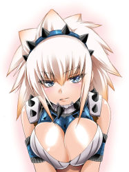 Rule 34 | 1girl, amagai yukino, armor, bare shoulders, barioth (armor), blue eyes, breasts, capcom, cleavage, hairband, large breasts, long hair, monster hunter (series), solo, white hair